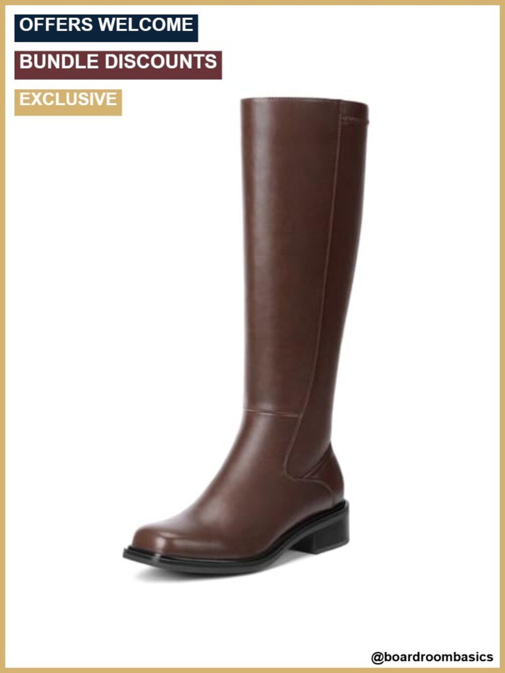 Knee High Boots Low Heel Square Toe Side Zip Comfortable Tall Boots